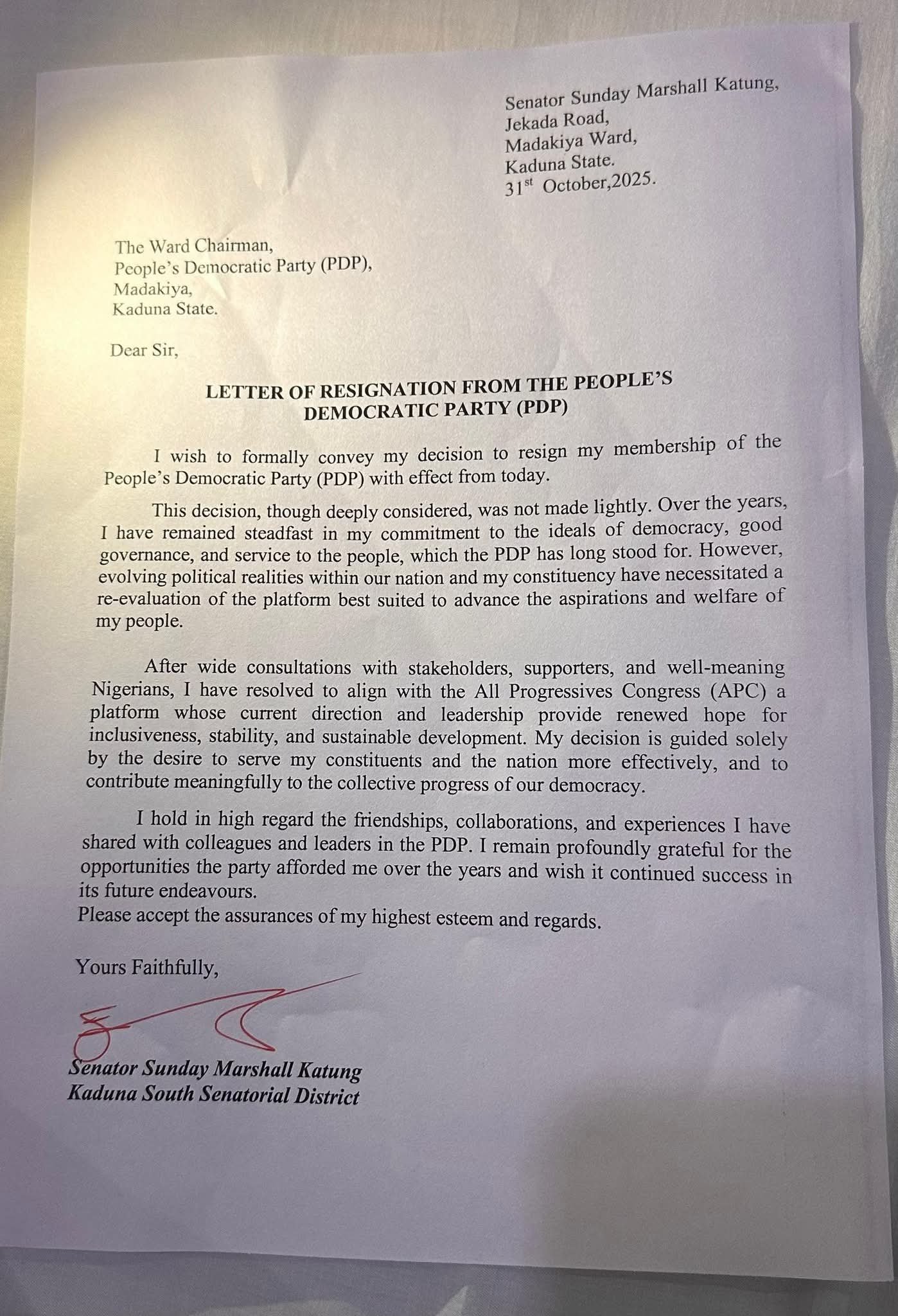 Southern Kaduna Senator Dumps PDP